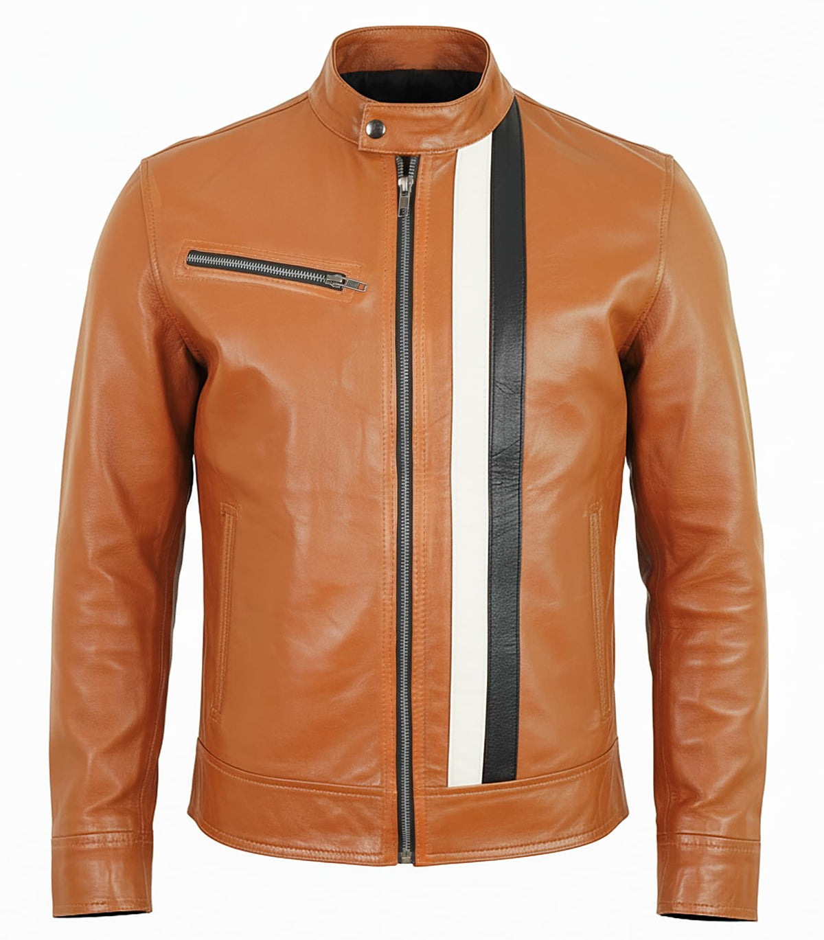 Cafe Racer Leather Jacket Men - Mens Brown Leather Jacket | Stripe Brown - L