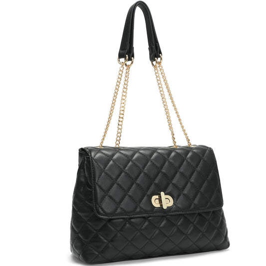 Goinsound Quilted Purse for Women Medium Flap Shoulder Bag with Gold Hardware Chain Black