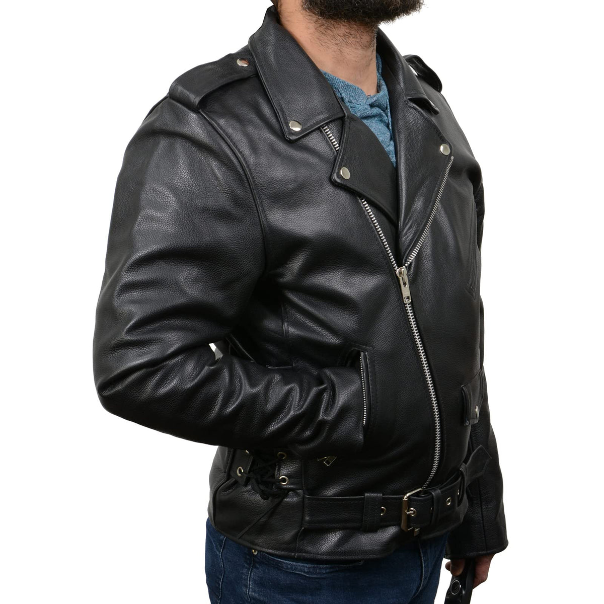 Milwaukee Leather SH1011 Men's Classic Brando Premium Leather Black Motorcycle Riders Leather Jacket w/Side Laces - Medium