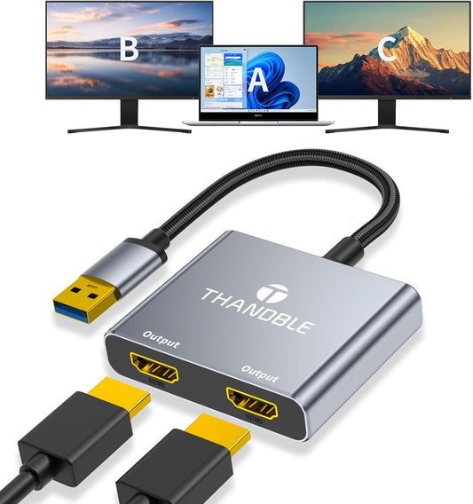 THANDBLE 1080P 60Hz, 3.0 7/8/10/11 USB to Dual HDMI Adapter USB A to HDMI Adapter for Laptop, PC, Desktop, Compatible