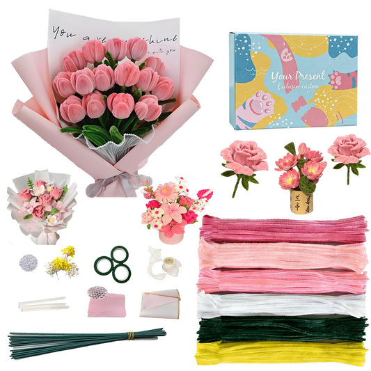 ZFTFZ 500+ Pcs Pink Pipe Cleaners Craft, Premium Chenille Stems Flower Making Kit with Wrapping Paper & Floral Tape, DIY Tulip Rose Bouquet Arts and Crafts Supplies for Adults Beginners Gifts