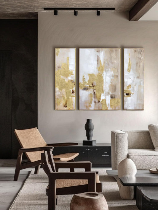 3 Piece Abstract Wall Art for Living Room – Gold and Beige Modern Textured Canvas Prints with Hand-Applied Brush Strokes, Large Wall Decor for Bedroom, Office, or Dining Room, 2 Piece 12 x 36 and 1 Piece 24 x 36 Inches