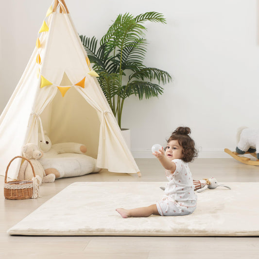 PAPAMAT 1.5" Thick Baby Play Mat for Floor, 59x79 Playpen Mat, Pro Soft Flannel Foam Mats Toddler Infant Kids Crawling for Nursery Rug Playroom Living Room Waterproof Easy Care Non-Slip (Beige)