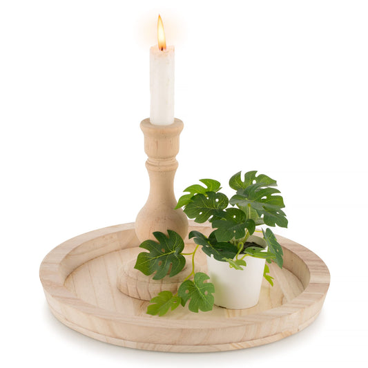 Hanobe Round Wood Decorative Tray: Unfinished Wooden Craft Trays DIY Ottoman Serving Tray Centerpiece Candle Holder Trays for Kitchen Countertop Crafts Art Home Decor Montessori Activity