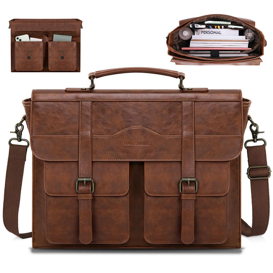 RAINSMORE Mens Messenger Bag 17 Inch Vintage Leather Laptop Briefcase Magnetic Closure Large Satchel Computer Shoulder Bag for Office Travel College, Brown