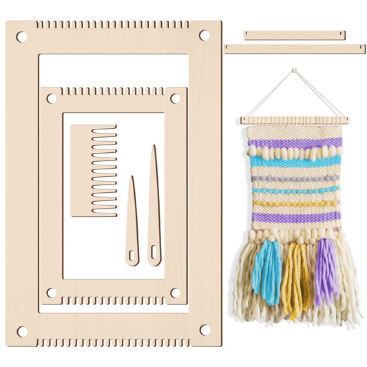 Juexica 7-Piece Weaving Loom Kit for Beginners, Complete Wooden Small Weaving Loom with Stick,Comb,Crochet Needle, DIY Craft Kit for Adults, Ideal Gift for Mother's Day Birthday Christmas(Beige)