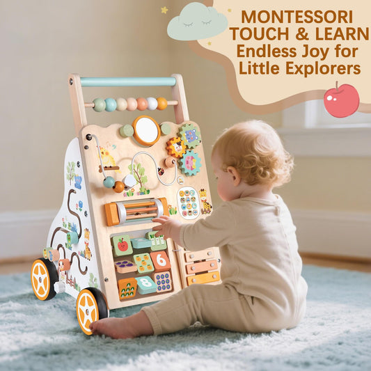 Baby Push Walker, Wooden Baby Walker with Wheels, Montessori Activity Center for 1 2 3 Years Old Boys Girls, Adjustable Speed & Height Push Toy for Toddler Learning to Walk, Kids Development Gift