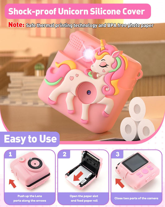 Kids Camera Instant Print with Silicone Cover, Creative Gifts for Girls Age 4-12 Birthday Christmas, 1080P Digital Camera Toy with Memory Card - Pink