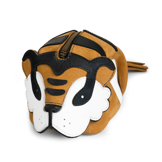 Tudi Frudi, Tiger-Shaped Pouch, Leather Coin Purse, Small Charger Cable Holder, Change Bag, Zippered Cable Case, Purses & Pouches for Cash, Tiny Travel Carrier, Old Tobacco