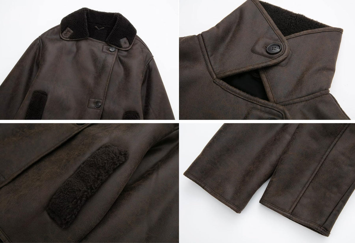 chouyatou Women's Winter Sherpa Lined Faux Leather Jacket Casual Motorcycle Oversized Leather Jacket (Medium, Brown)