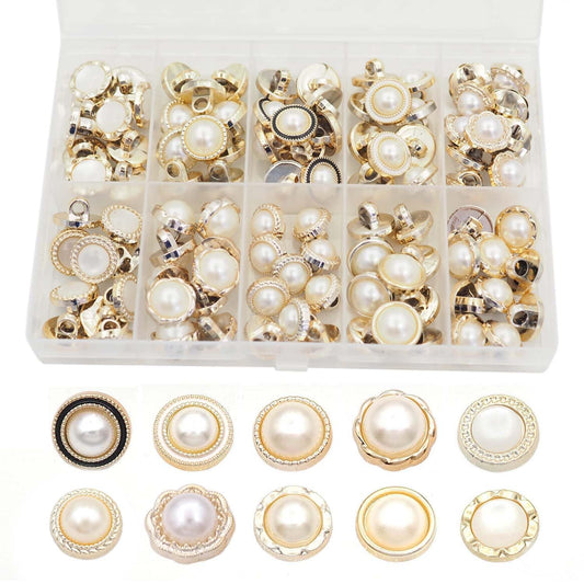 Youmeizer 100PCS(10 Styles) Resin Button Decorated with Artificial Pearls for Crafting· Sewing Replacement·Replacement·Knitting Sweaters Handmade Crafts It's stored in a Plastic Box (Gold)