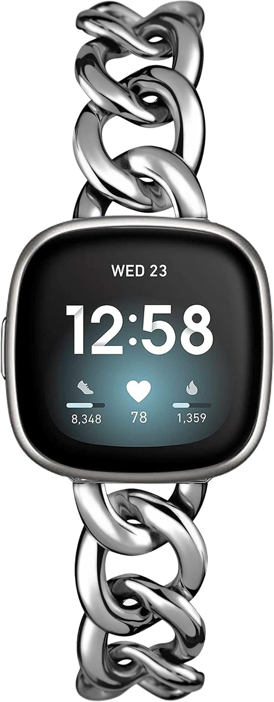 Cool Women Chain Metal Smartwatch Bands Compatible for Fitbit Sense/Fitbit Versa 3 Bands for Dressy Women, Metal Wristband Strap for Fitbit Sense 2/Versa 4