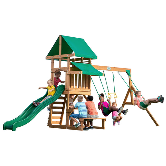 Backyard Discovery Belmont Cedar Wood Swing Set with Wave Slide, Play Deck, Rock Wall Ladder, Snack Bar Window, Shaded Picnic Area, Bench, Belt Swings, Trapeze, Sandbox Area, Canopy, Outdoor Playset