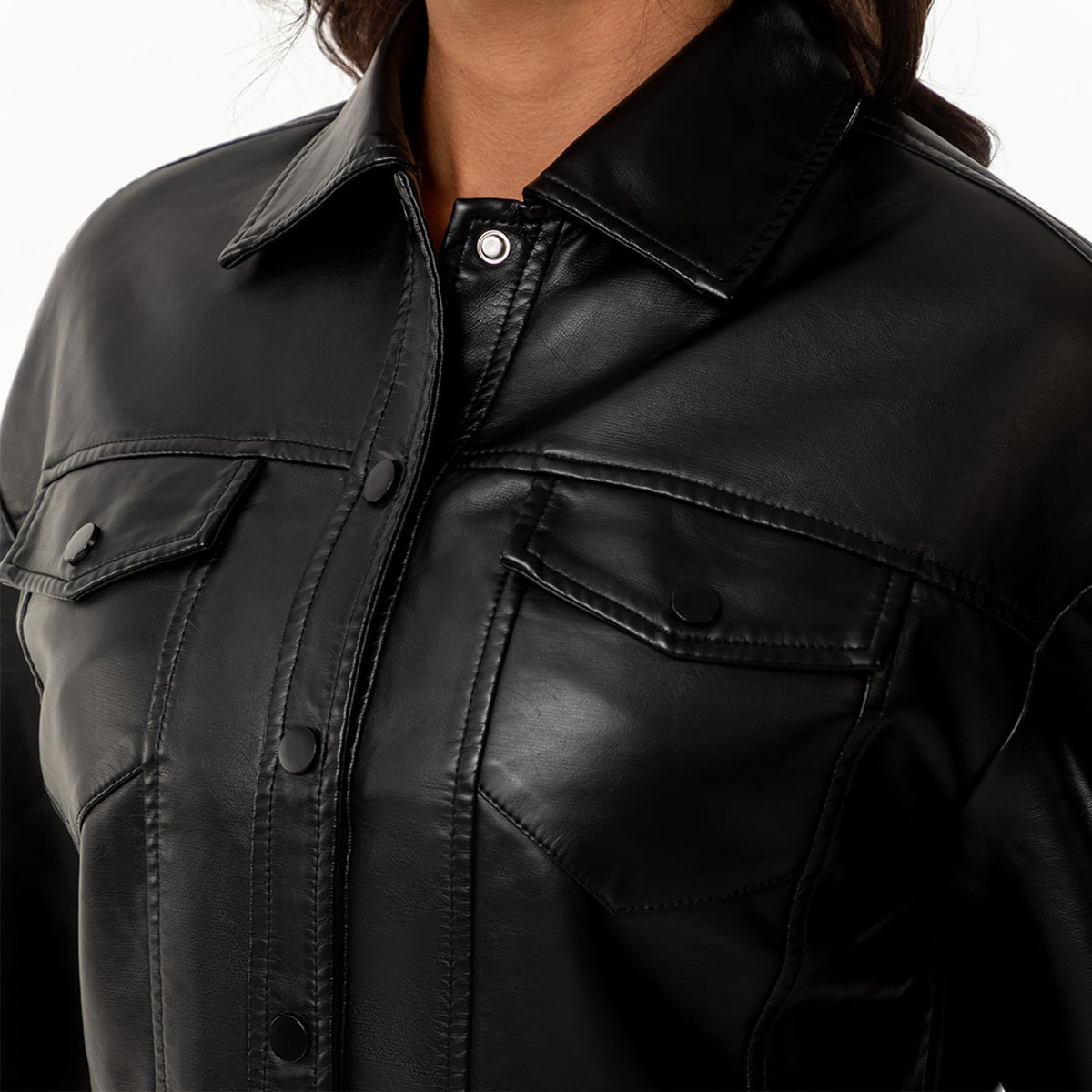 Women's Faux Leather Jacket Classic Button-Down Style, Cropped Length with Front Pockets PU Moto Bike Outwear (US, Alpha, Medium, Regular, Regular, Black)