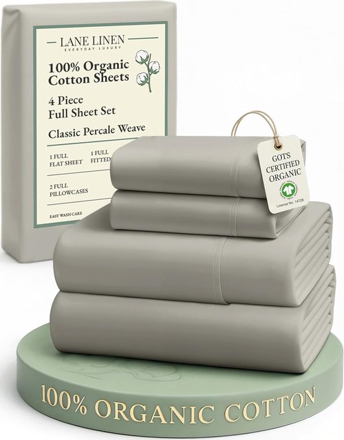 LANE LINEN 100% Organic Cotton Full Size Sheet Set - Eco-Friendly, Soft Percale, Silver, 15" Deep Pocket