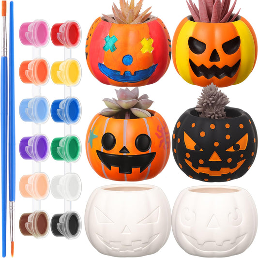Suzile 6 Pack Halloween DIY Ceramic Craft Devil Pumpkin Succulent Pots with Drainage 3.5 Inch Unpainted Small Pumpkin Ceramic Planter Kit Halloween Decor Craft Activity Gift (Plants Not Included)