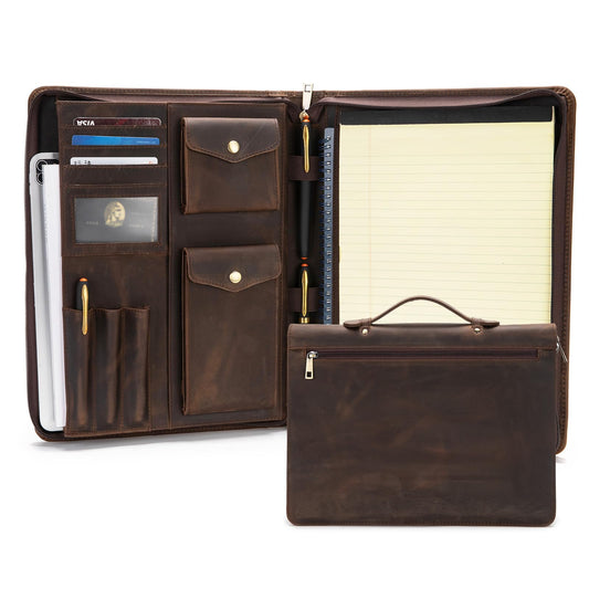 Geslun Genuine Leather Portfolio with Hidden Handle, Zippered Front Pocket, Business Padfolio for Men and Women, 8.5 x 11 Legal Pad Notebook Holder, Office Letter Notepad Folio, Dark Khaki
