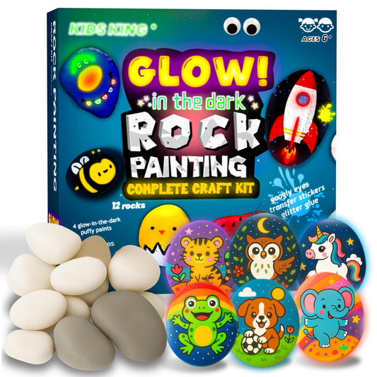KIDS KING Glow in Dark Rock Painting Kit for Kids Ages 6-12, Art Craft for Party Drawing Activity, Complete Art Craft Kit Party Favors, Creative Toy Gifts for Boys Girls Birthday & Holidays, Christmas