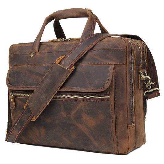 Augus Leather Briefcase for Men 15.6 Inch Laptop Bag Business Travel Large Capacity With Trolley Sleeve YKK Metal Zipper, Brown