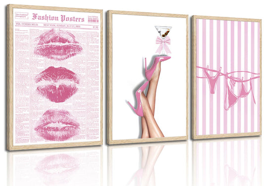 3Pcs Trendy Coquette Wall Art Pink Lips Bikini & Bow Heels Wall Decor Pictures Vintage Martini Newspapaer Canvas Posters Prints for Y2K Girly Room Dorm Apartment Preppy Aesthetic Decor 12x16in