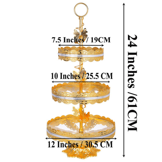 3 Tier 24 Inches Round Metal Cake Display Stand, Gold Fondant Cake Cupcake Dessert Fruit Stand Pedestal, Bakeware Wedding Birthday Baking Party Supplies Centerpiece