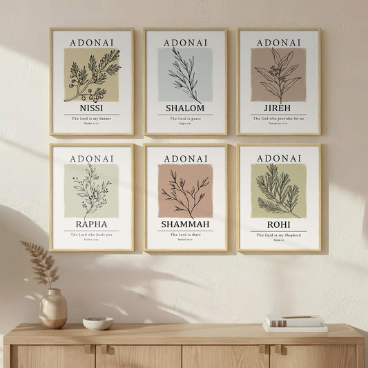 Framed Christian Scripture Wall Art, Set of 6 Minimalist Bible Verse Prints, Names of God Faith Based Neutral Boho Botanical Leaf Artwork for Bedroom Living Room Office Hallway Home Decor, 11x14 Inch