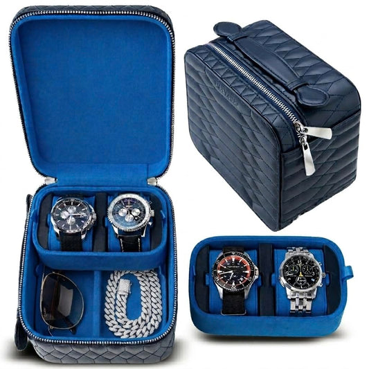 LUXVAULT Travel Watch Case - Luxury Watch Box Organizer, Leather Mens Jewelry box Organizer with Ultra-Suede Lining, 4-Slot watches case with Sliding Cushion System & Compartments for Sunglasses