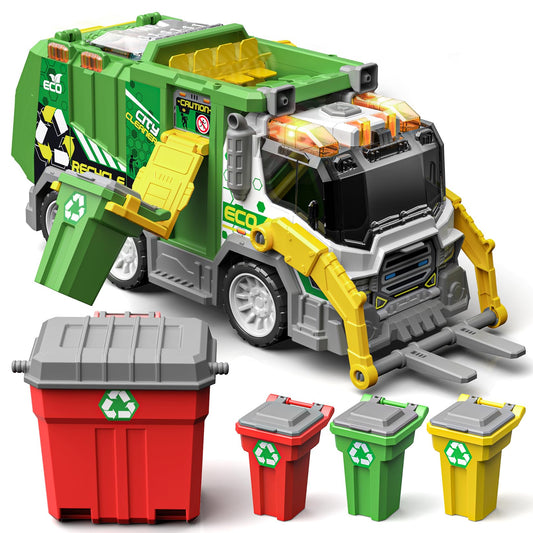 BLUEYAK Large Friction Powered Garbage Truck Toy Set with Light & Sound - ECO City Cleaner with Recycle Dumpster, 4 Color-Coded Trash Bins & 2 Ejection Cars, Ideal Birthdays for Toddlers Boys Girls