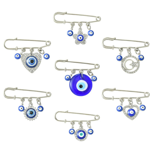 Gythara 7 pcs 7 Styles Blue Evil Eye Theme Alloy Resin Kilt Safety Pins Brooch Turkish Heart Lucky Eye Ball Pins for DIY Jewelry Clothes Scarf Backpack Hat Jackets Craft