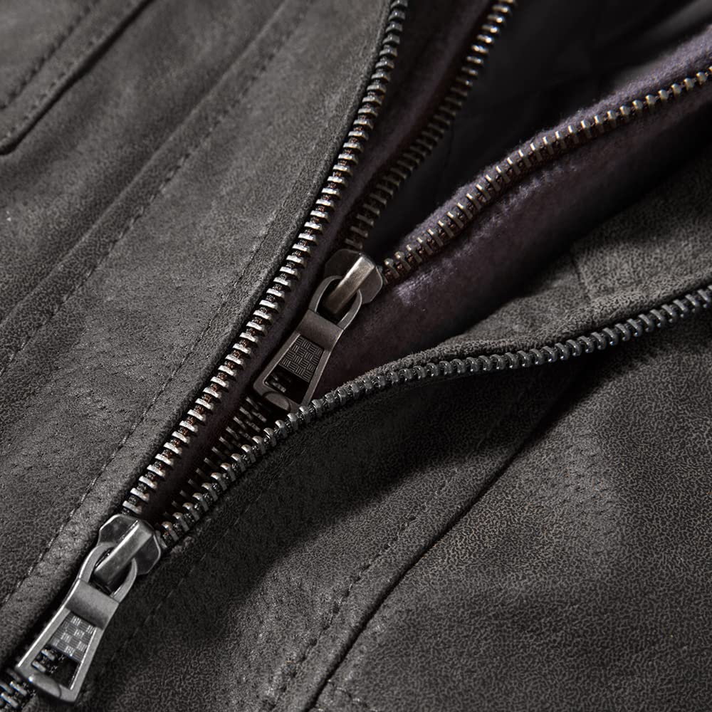 FLAVOR Men Brown Leather Motorcycle Jacket with Removable Hood (Medium, Gray)