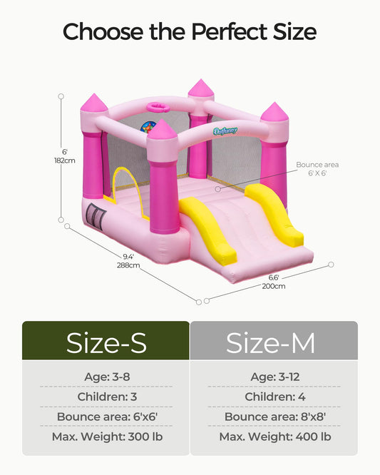 Outfunny Indoor Bounce House with Slide, Inflatable Bouncy House for Kids 3-8, Bounce Area 6'x6', Capacity 300 lb - Pink