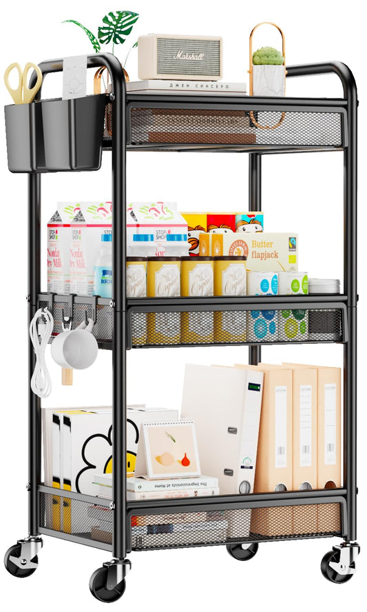 YASONIC 3 Tier Rolling Cart – Metal Utility Storage Carts with Wheels, Craft Cart Organizer with Hanging Cups, Hooks, Mesh Basket for Bedside Kitchen Office Art, Black