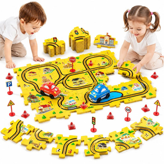 Bennol 56Pcs Puzzle Race Car Track Set Toys for Kids Floor Puzzle Tracks Car Gifts for 3 4 5 Year Old Boys Kids Toys Gifts for 3 4 5 Year Old Boys Puzzle Racer Set for Ages 3-5 4-6