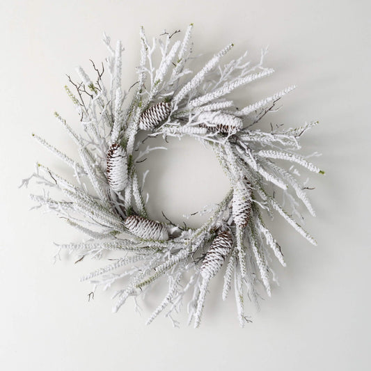 Sullivans 24" Flocked Pine Twig Wreath, Christmas Wreath, Front Decor Decor, Perfect for Fireplace Mantels, Dining and Living Rooms