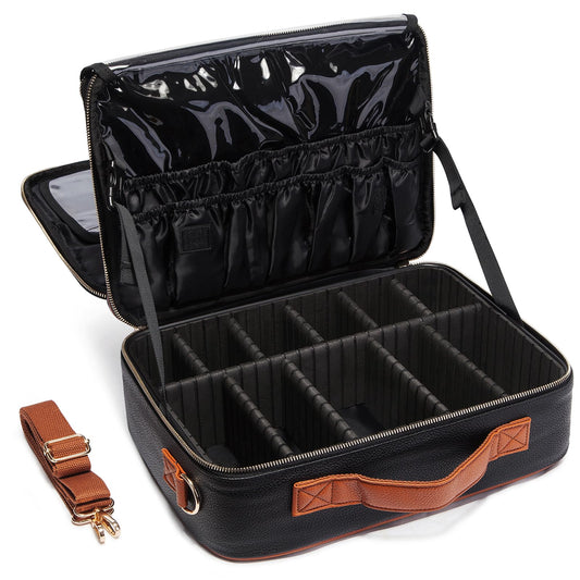 EKERHO Large Travel Makeup bag, Leather Artist Makeup Train Case Cosmetic Storage Organizer Box with Adjustable Dividers for Makeup Brushes Toiletry - Black
