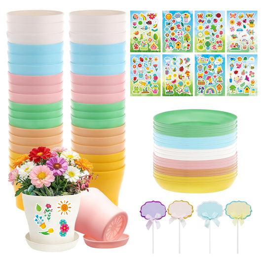 Adboros Garden Paper Pot Craft Kit, 36 Durable Resin Garden Pot with Tray Drainage Holes Adhesive Stickers and 40 Colorful Writable Cards, Flower Plant Spring Craft for Classroom DIY Flower Planting