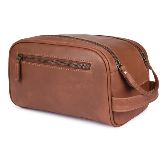 Leather Toiletry Travel Bag with Waterproof Lining, Large Capacity Vintage Dopp Kit, Shaving & Cosmetic Organizer for Men & Women - Tan