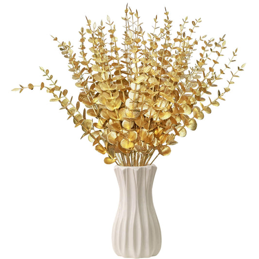 ABYCZFCD 50 Pcs Gold Flowers Gold Eucalyptus Leaves Stems 15'' Faux Eucalyptus Leaves Decor Fake for Wedding Party Bouquet House Home Farmhouse Vase DIY Craft