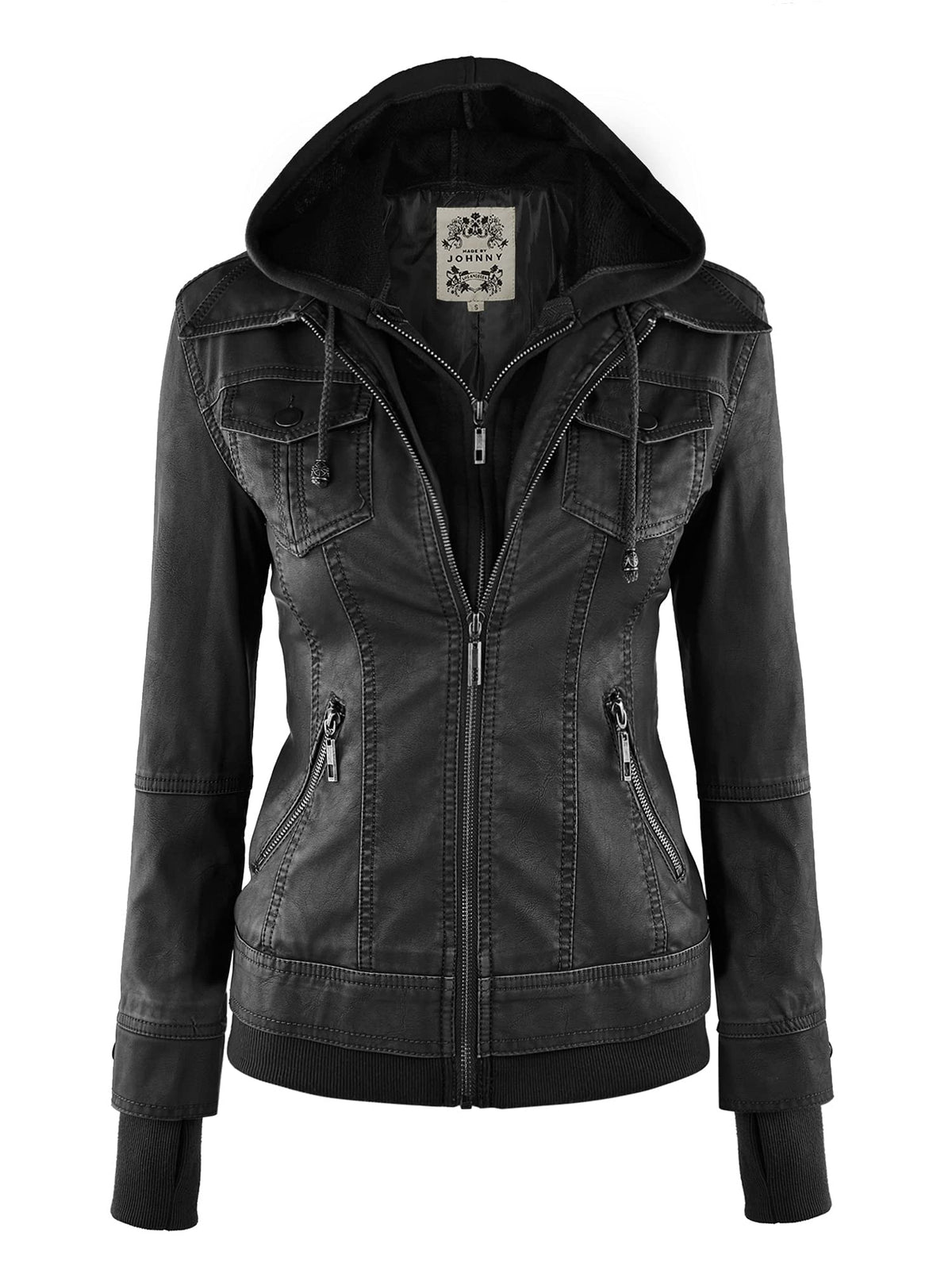 Made By Johnny MBJ WJC664 Womens Faux Leather Jacket with Hoodie XS Black