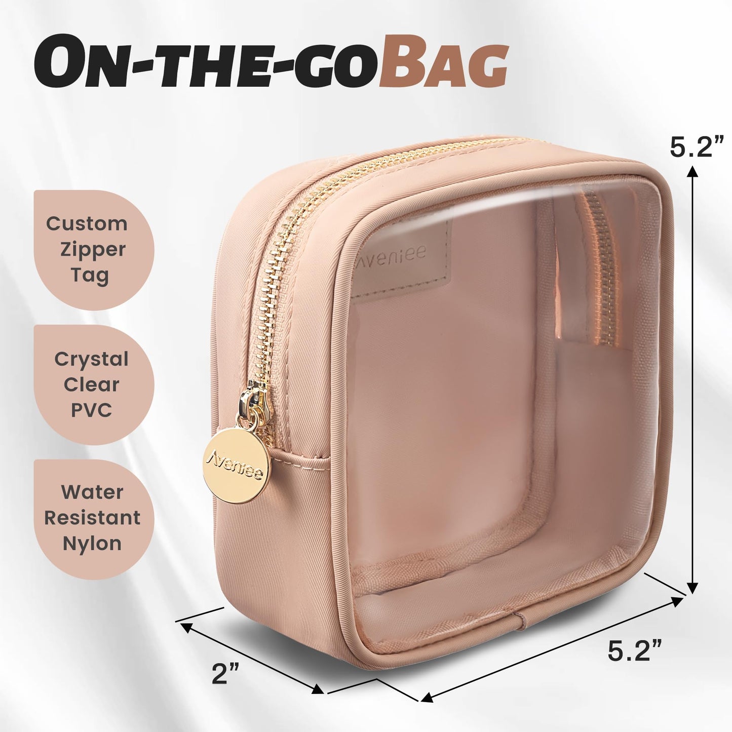 Aveniee Small Clear Makeup Bag, Mini Makeup Bag for Purse Organizer, Cosmetic Bag Travel Zipper Pouch for Women, Cute Car Accessories for Skincare Lipstick Essentials-Sand