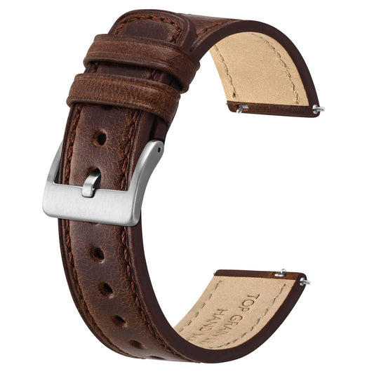 BISONSTRAP Leather Watch Straps, Classic Oil Waxed Leather, Quick Release Replacement Band for Men and Women, 20mm, Coffee Brown/Silver Buckle