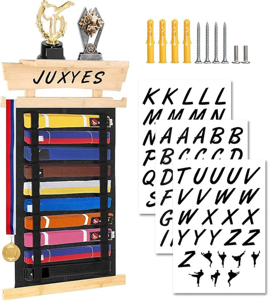 JUXYES Wall Hanging Martial Arts Belts Organizer with Trophy and Medal Display Rack, Bamboo Karate Belt Display Holder Rack, Wall Mounted Taekwondo Belt Display Holder for Martial Arts Learners