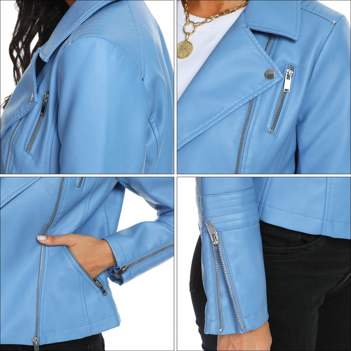Fahsyee Women's Blue Leather Jackets, Faux Motorcycle Bomber Moto Biker Plus Size Coat Short Lightweight Vegan Pleather Fashion M
