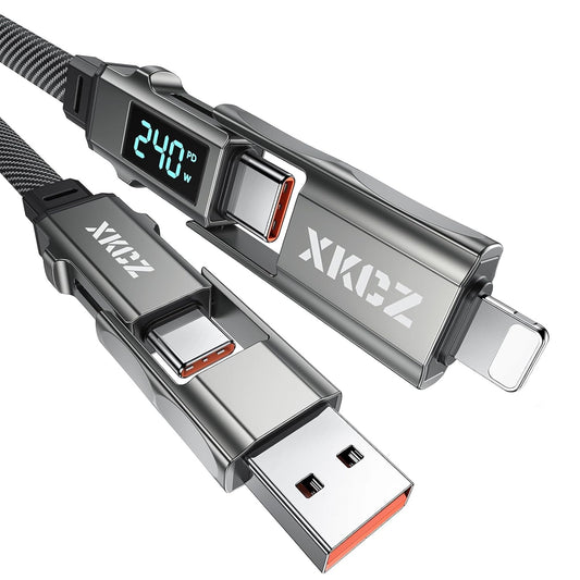 4 1 240W 5FT XKCZ in USB C Cable with Wattage Display, Flat Nylon Braided Multi Charge Cable with Data Sync, USB C