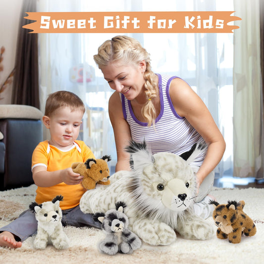 Muiteiur 5 Piece Lynx Stuffed Animals, Soft Bobcat Stuffed Animals with Babies,18-inch Cute Plush Toy for Kids Girls Boys, Fun Gift for Birthday Children Day (White)