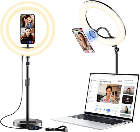 Wowcati 10'' 3 Desk Ring Light with Magnetic Phone Holder, Video Conference Podcast Lighting Kit for Laptop Computer