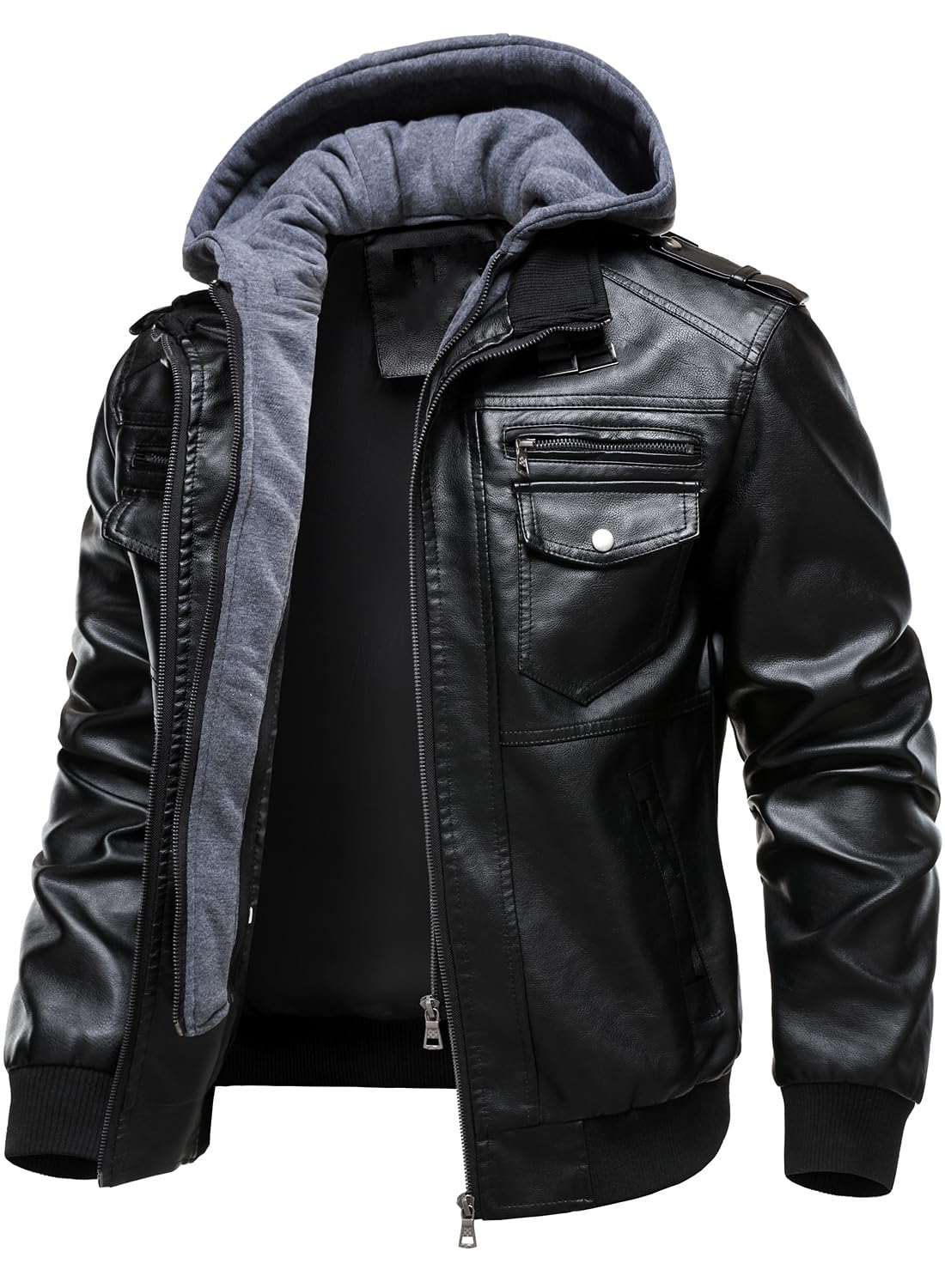 HOOD CREW Men's Faux Leather Hooded Jacket Motorcycle Jackets Water Repellent Windproof PU Moto Vintage Bomber Hoodie Coats Black M