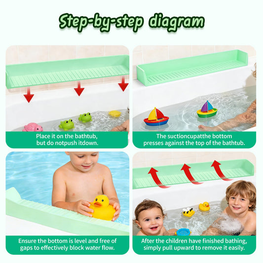 Bathtub Splash Guard for tub Kids& Bath Shelf for Kids – Toddler Bath Tray, Bath Toys Storage & Ledge Organizer – Splash Guard for Bathtub with Suction Cups – Kids Bathroom Accessories(2.6FT, Green)