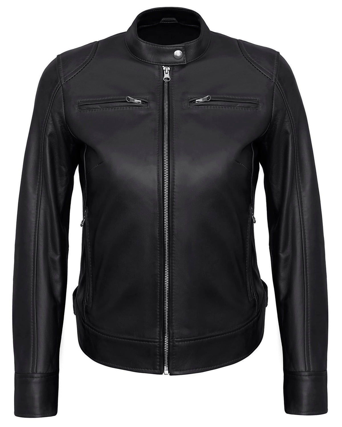 UrbanFocal DISC Womens Motorcycle Leather Jackets - Stylish Real Lambskin Black Leather Jacket Women | [101003104] Black Ddge, L