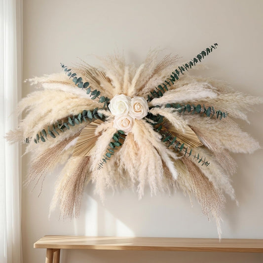 36-38" Large Pampas & Eucalyptus Wall Decor, DIY Artificial Roses & Natural Dried Boho Hanging Flowers for Wall, Mirror, Wedding Arch, Entryway Decor, Gift, Requires Assembly & Easy Install